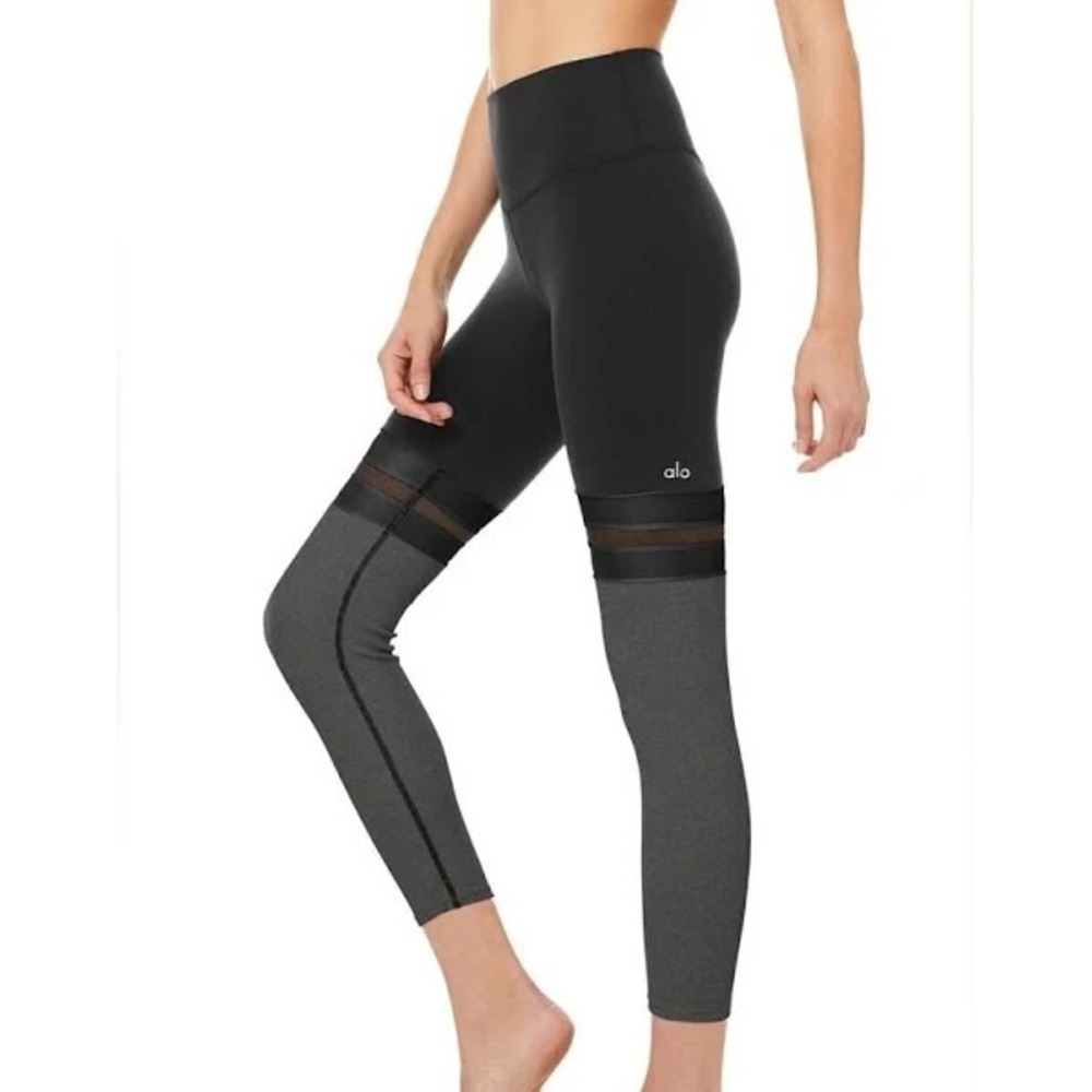 Alo 7/8 player leggings - mesh‎ thigh panel - black / charcoal heather - size XS